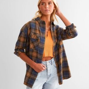 👕 BKE Buckle Orange Navy Blue Plaid Boyfriend Button Up Flannel Shirt
